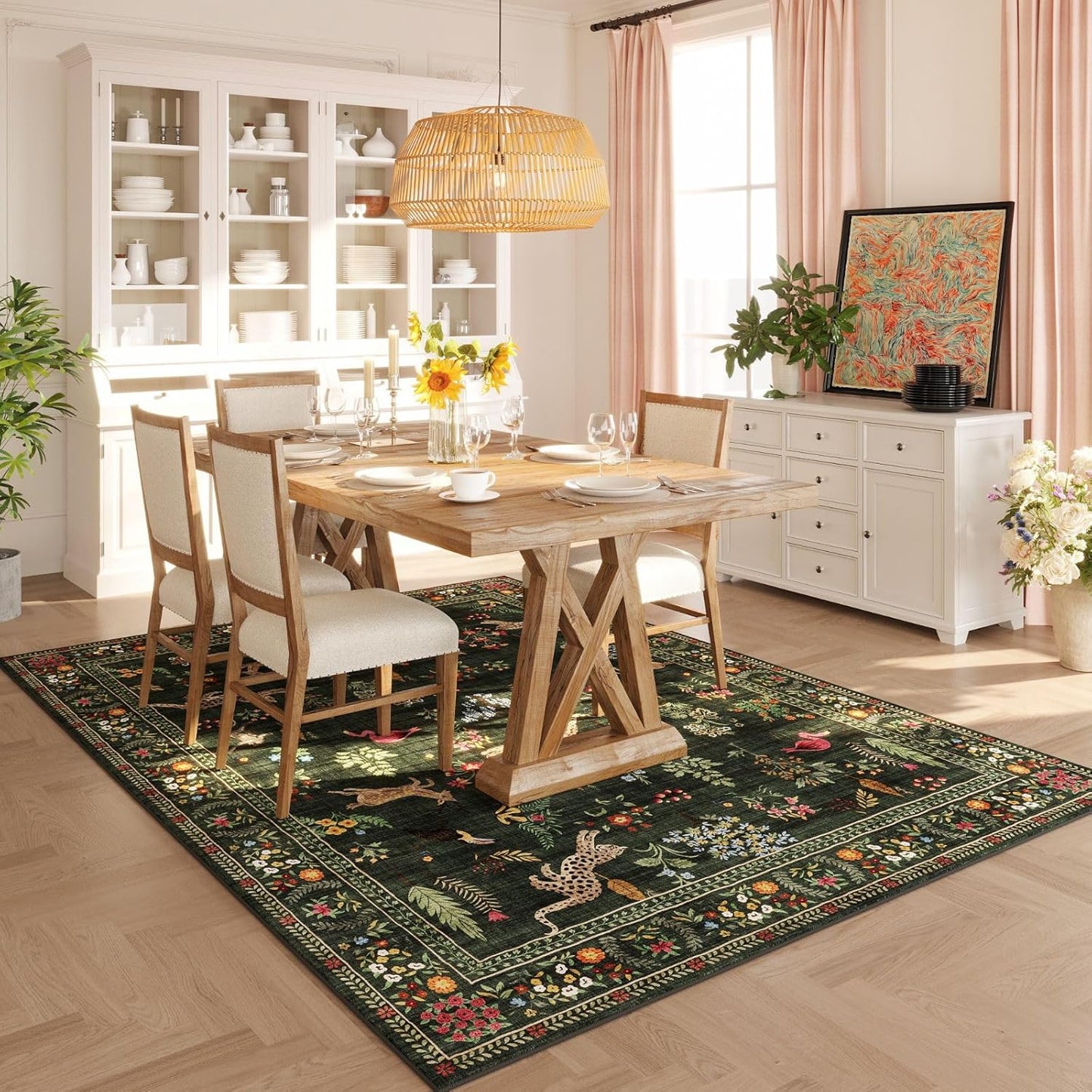 Rugcomf Living Room Rug 5x7 Rug Machine Washable Boho Area Rug Non Slip Floral Animal Vintage Low Pile Large Rugs for Living Room, Bedroom, Farmhouse, Dining Room, Kids Playroom (Green)