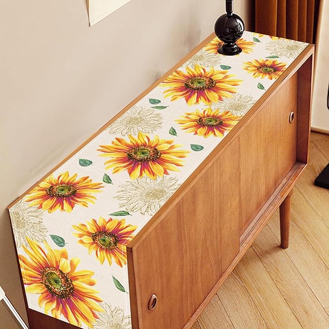 Summer Table Runner, Watercolor Yellow Floral Vase Spring Sunshine Farmhouse Rustic Coffee Table Center Decor for Home Kitchen Dining Patio Indoor Outdoor Table Decorations, 13"x72" Inch