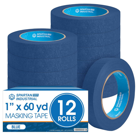 Spartan Industrial - 1" X 60 yd Blue Masking Tape - 12 Colored Tape Rolls for Bundling, Labeling, and More - No Residue, 5.5 Mil