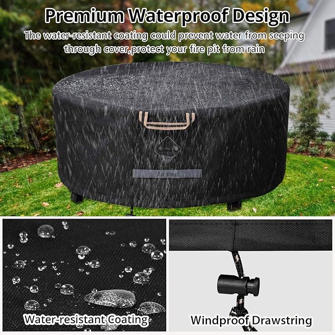 QH.HOME Fire Pit Cover Round Super Waterproof, 28" D X 16" H Outdoor Round Firepit Cover 600D Strong Tear Resistant, UPF 50+ Fire Pit Covers Premium Fading Resistant for Outdoor Fire Pit - Black
