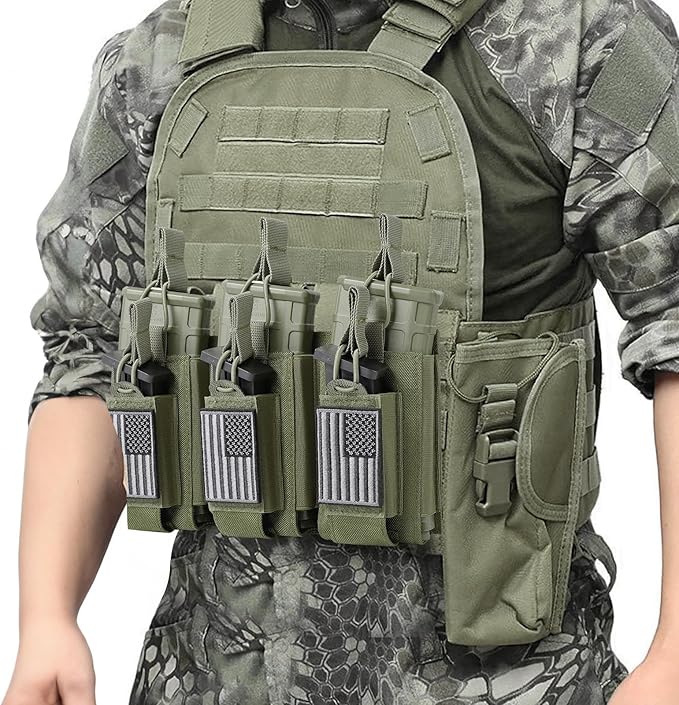 Open-Top Single/Double/Triple Molle Mag Pouch for 5.56mm M4 M16 AK AR Glock M1911 9mm Elastic Rifle Magazines Pistol Mag Pouches Holder Carrier with USA Flag Patch