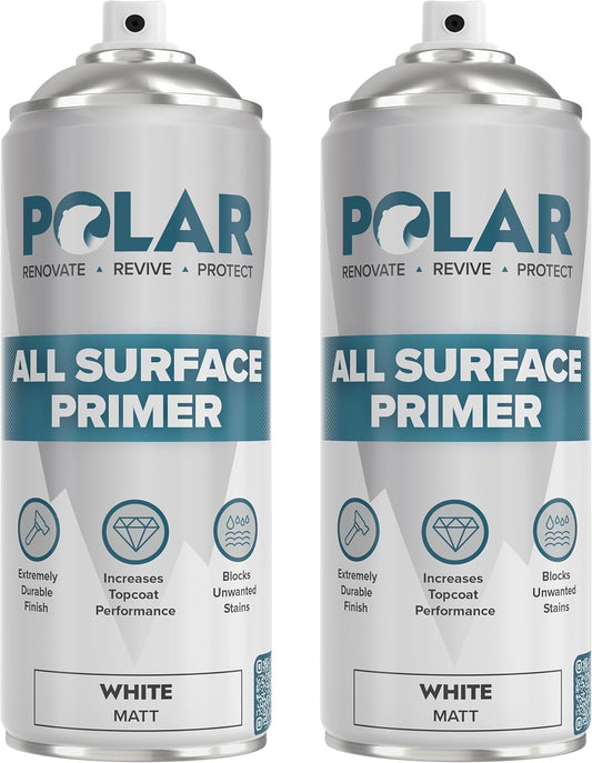 Polar All Surface Primer Matte White - 2 x 13.5 Fl Oz - Ideal for Wood, Metal, Plastic, Brick - Enhanced Adhesion & Quick Drying