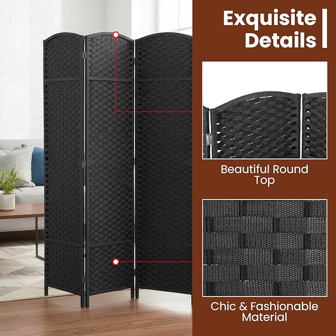 FDW Room Divider 4 Panel Screen 5.6 Ft Tall Partition Privacy Screens Folding Room Separation Free Standing Waterproof Wood Frame Wall Divider, Dark Black