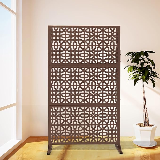 Elevens Outdoor Decor Privacy Fence Screen Metal Fence Panels,Decorative Privacy Screen with Stand,Outdoor Divider for Garden Patio Backyard,76" H×35" W(Brown-Perilla)