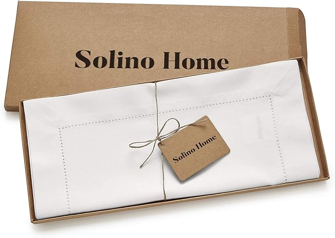 Solino Home White Table Runner 48 Inches - Cotton Linen Hemstitch Coffee Table Runner 14 x 48 Inch Ideal for Dresser Tables - Winter, Valentines, Spring, Easter