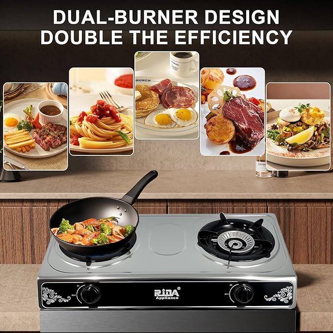 2 Burner Propane Gas Stove, Portable Stainless Steel Camping Stove with Auto-Ignition, Propane Burners for Cooking, Outdoor, Camping, RV & Emergency Use