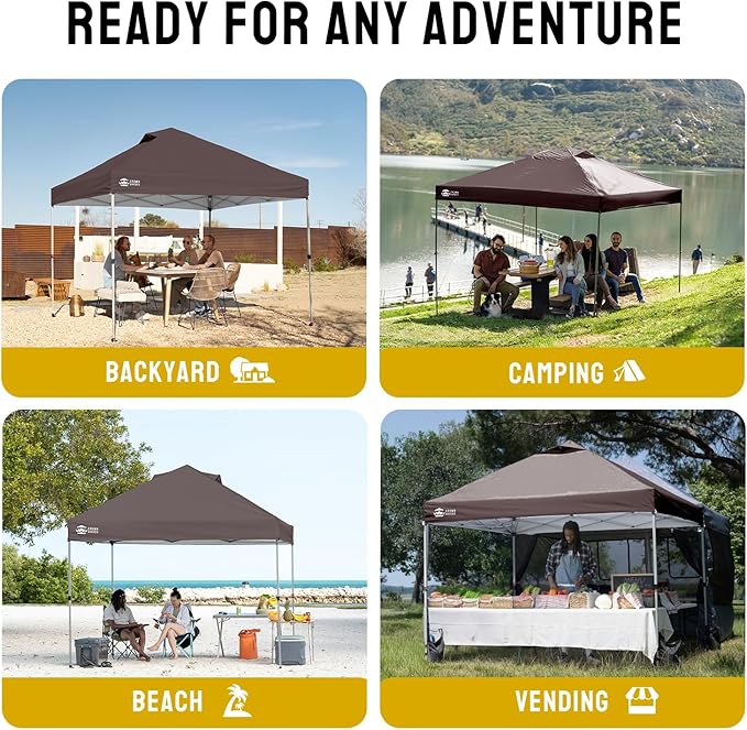 CROWN SHADES 10x10 Pop Up Canopy - Beach Tent with One Push Setup - Outdoor Sun Shade for Events, Parties, Camping - Gazebo with STO-N-Go Cover Bag, Silver Coated Top, 3 Height& 4 Sand Bags, Coffee
