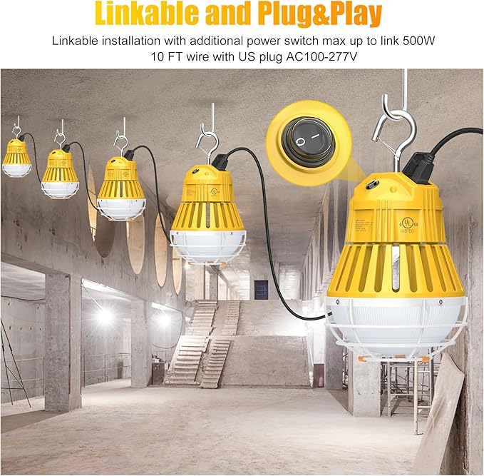 LED Temporary Work Light 80W, 10400LM 5000K Portable Hanging Construction Light with 10ft Cable Plug and Sturdy Hooks Linkable LED Work Light for Job Site Lighting, Workshop, Garage ETL Listed