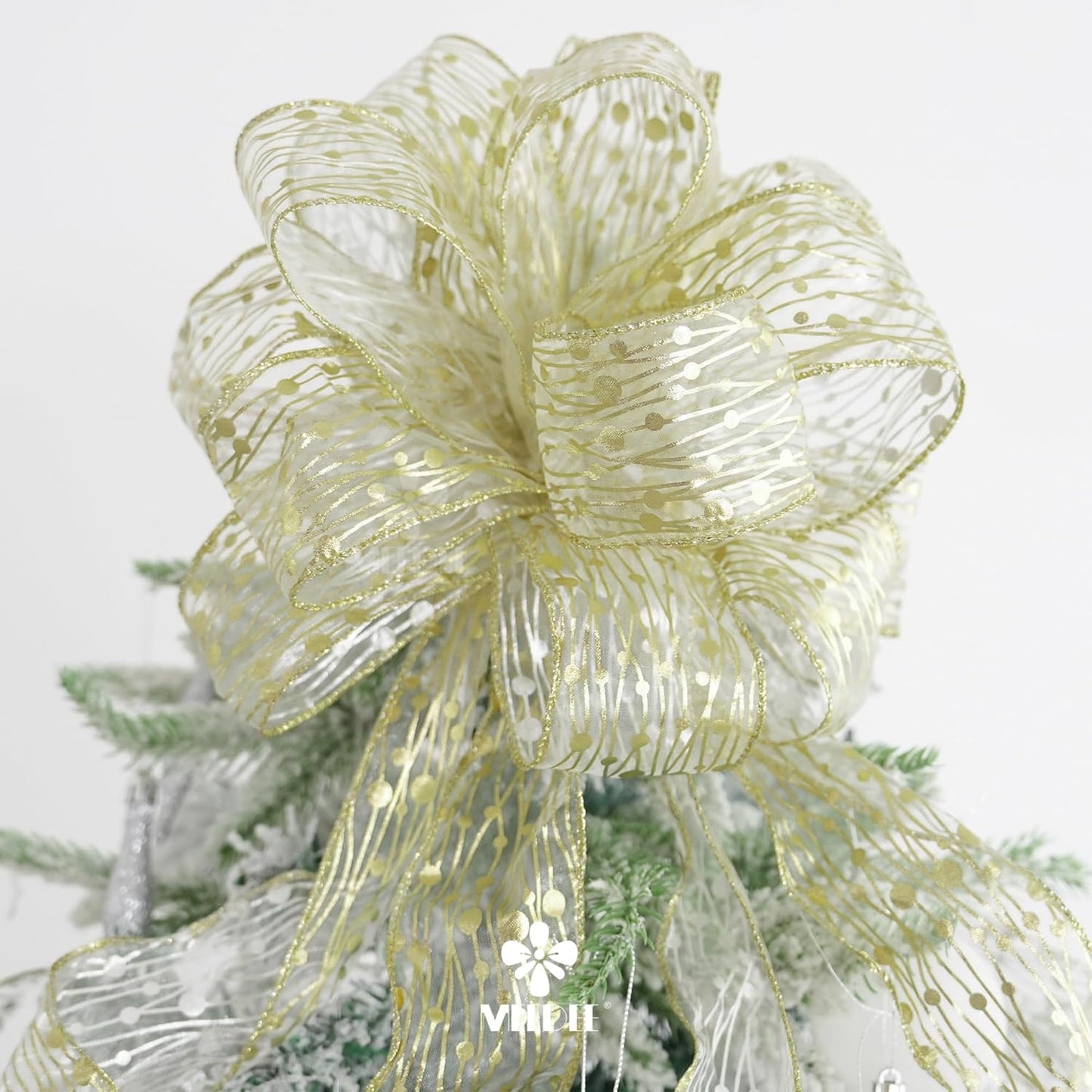 MEEDEE Gold Wired Ribbon - 2.5 Inch Sheer Organza With Horizontal Stripes and Polka Dots - 25 Yards for Gift Wrapping, Garland