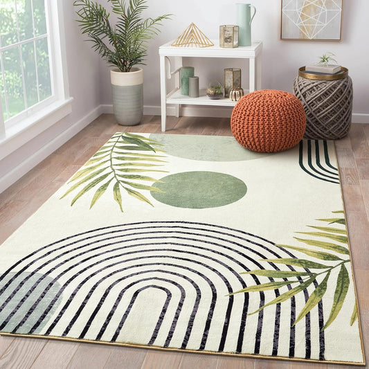 RoomTalks Mid Century Modern Washable Rug, Green Boho Cute Aesthetic 5x7 Area Rugs for Bedroom Dining Room Living Room Office, Abstract Tropical Leaves Thin Shaggy Indoor Entryway Rug Carpet