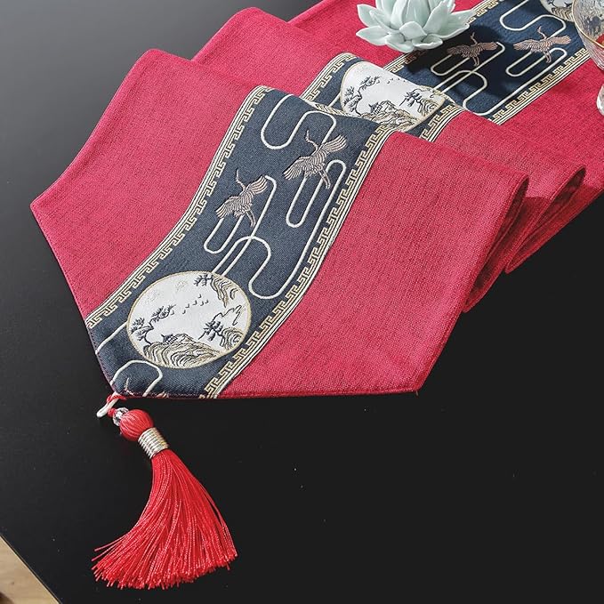 Embroidered Tassel Table Runner Chinese Style Landscape Painting Waterproof Cotton Linen Holiday Kitchen Dining Table Decoration for Home Party Decor 13x72 Inch (Rad)