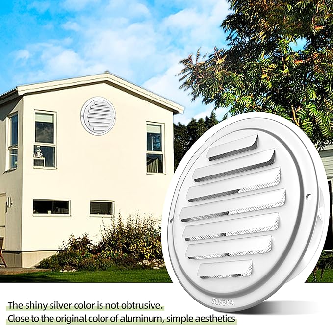 4'' Shiny Silver Paint Stainless Steel Air Vents, Louvered Grille Cover Vent Hood Flat Ducting Ventilation Air Vent Wall Air Outlet with Fly Screen Mesh for House (4 inch Shiny Silver Paint Cover)