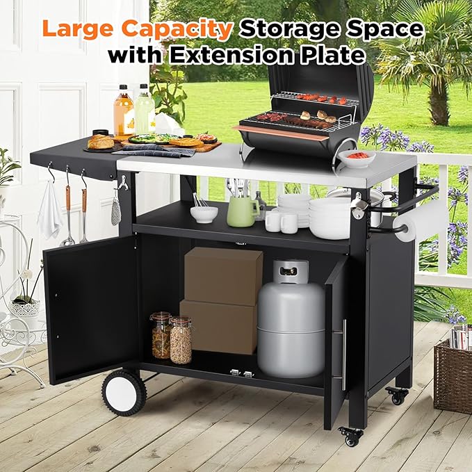 Outdoor Kitchen Storage Cabinet on Wheels, Grill Prep Table Kitchen Cabinets Island with Stainless Steel Top, Extension Plate, Outdoor Pizza Oven Stand Table for BBQ Patio Backyard