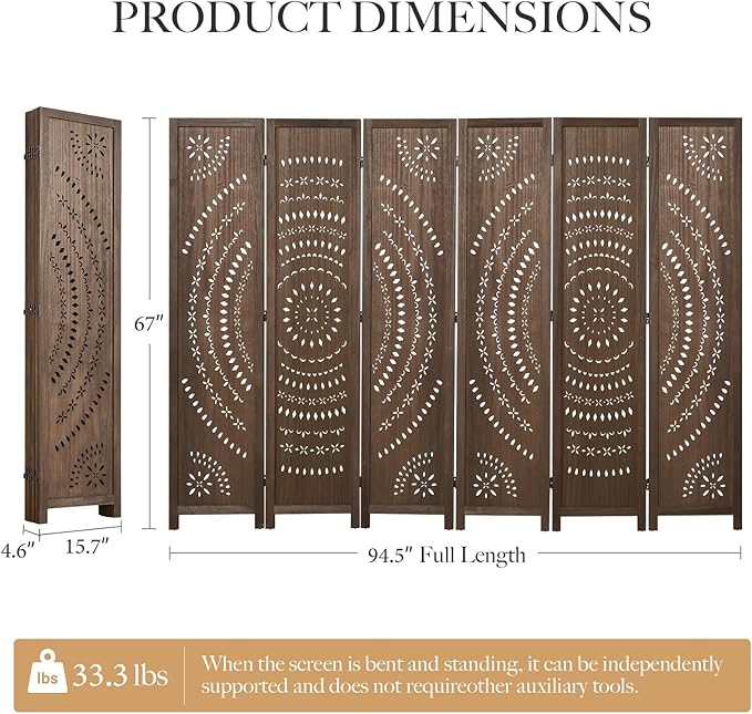 66.9Inch Folding Room Divider, 6 Panels Wood Carved Privacy Screens Free Assembled Freestanding Partition for Bedroom Home Office (Brown)