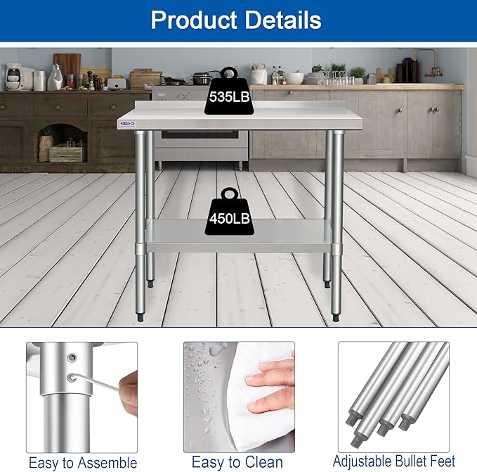 HARDURA Stainless Steel Table with Backsplash Metel Prep Table Commercial Kitchen Workbench 24x48 Inches NSF