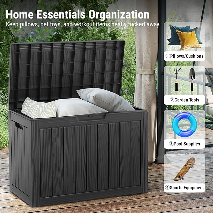 Mars Villa 45 Gallon Outdoor Storage Box, Resin Deck Box Waterproof, Storage Chest for Outside Patio Furniture Cushions, Pool Supplies, Garden Tools, UV Resistant and Weatherproof, Black