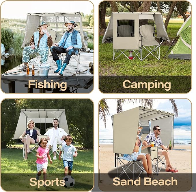 BESTHLS Double Camping Chair with Canopy Shade - Heavy Duty 600D Outdoor Loveseat for Adults, 2-Person Beach Chair with Umbrella, Folding Camp Loveseat for Fishing, Sports, Patio (White)