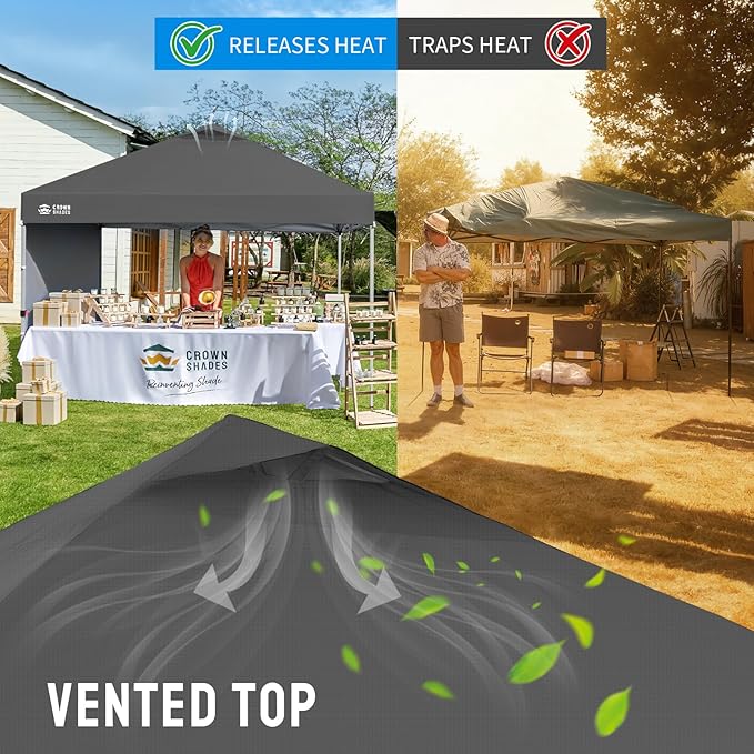 CROWN SHADES 10x10 Pop Up Canopy with 1 Side Wall - Beach Tent with One Push Setup - Outdoor Sun Shade for Events, Parties, Camping - Gazebo with STO-N-Go Cover Bag (Grid Grey)