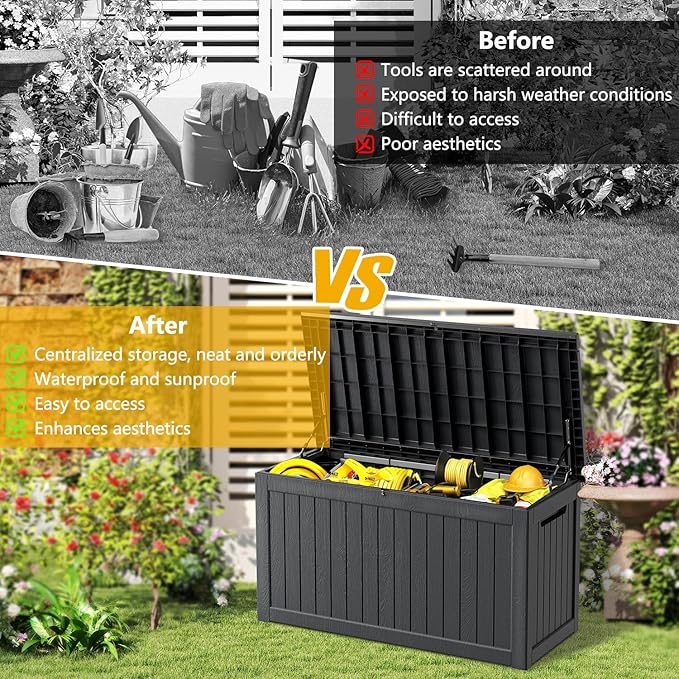 200 Gallon Deck Box, Resin Outdoor Indoor Waterproof Storage Box, Lockable Storage Box With Handle for Patio Furniture - Garden Tools - Swimming Pool Tools UV Resistant, Black - 200