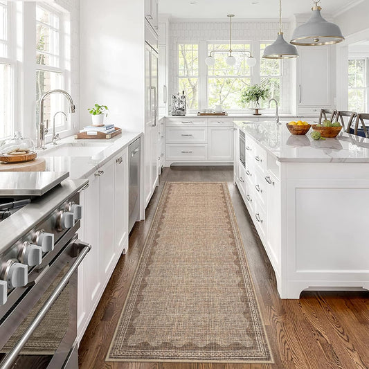 Scalloped Rug 2.5x8 Runners for Hallways, Solid Coffee Runner Rugs Non Slip Scalloped Bath Runner, Washable Mat for Bedroom Girls, Rugs for Kitchen Floor Soft Dorm Nursery Carpet for Bedside