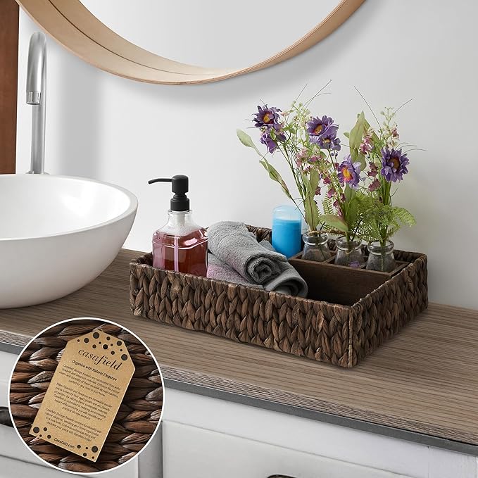 Casafield Set of 2 Bathroom Storage Baskets, Espresso - Water Hyacinth, 15.75" W x 11.25" D x 3.25" H, Woven Toilet Tank Topper Bins for Organizing Tissues, Toilet Paper, Toiletries, Shelves