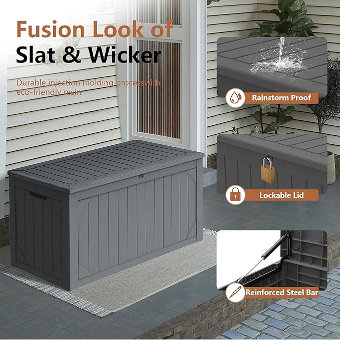 100 Gallon Outdoor Storage Box Waterproof,Resin Deck Box Storage Bin for Cushion Patio Furniture, Pool Accessories, and Garden Tools, Lockable & UV-Resistant, Grey