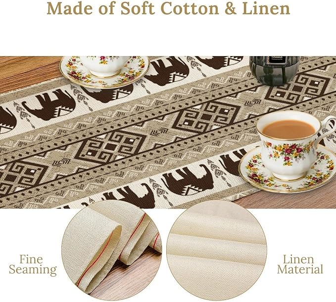 African Tribal Table Runner, Rustic Boho Elephants Diwali India Aztec Bohemian Animal Brown Ethnic Folk Coffee Table Center Decor for Home Kitchen Holiday Party Outdoor Table Decorations, 13"x72"
