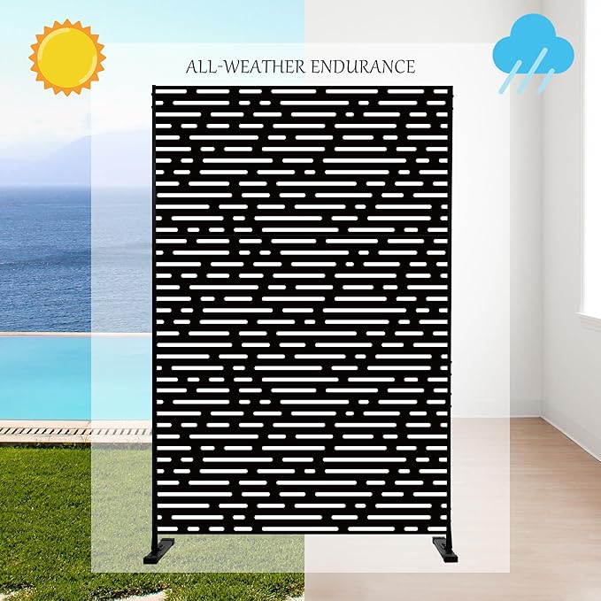 Kozyard Metal Privacy Screen 74" H x 47.2" W Decorative Outdoor Divider with Stand Panels Freestanding Screen Set for Deck Patio Balcony Garden Outdoor&Indoor (Black/Dotted Line)
