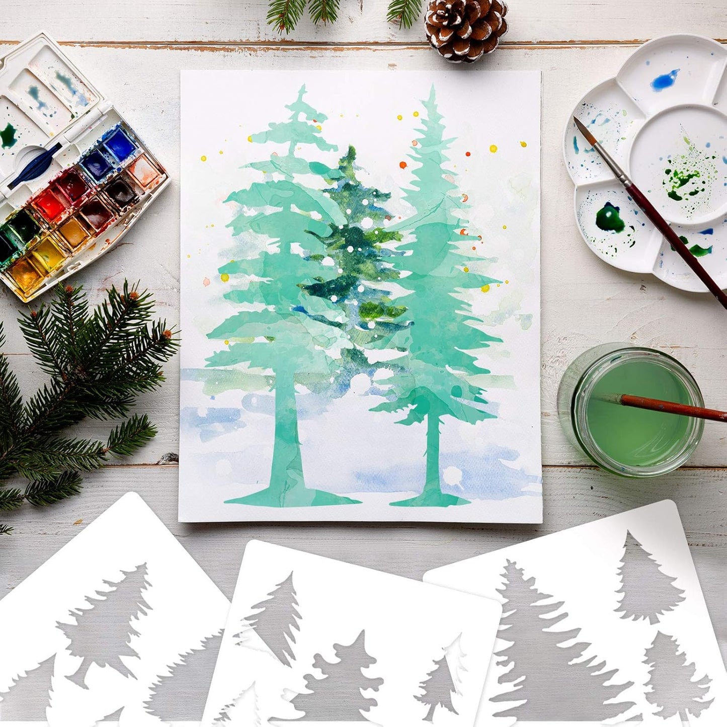 8 Pieces Pine Tree Stencils Art Painting Templates Stencils for Painting on Wood Winter Holiday DIY Wall Floor Decor Supplies (6 x 6 Inch)