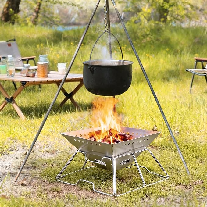 Lineslife Foldable Fire Pit with Grill for Camping Collapsible Portable Fire Pit with Campfire Grill & Tote Bag for Backyard, Patio, Picnic, BBQ