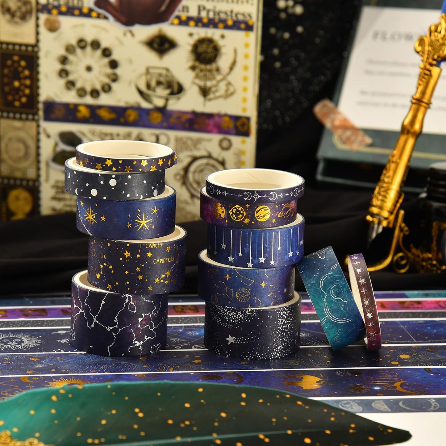 20 Rolls Galaxy Washi Tape Set Stars Arts Adhesive Tapes Gold Silver Foil Decorative Masking Tape Sets for Craft, Kids, Scrapbook, DIY, Gift Wrapping