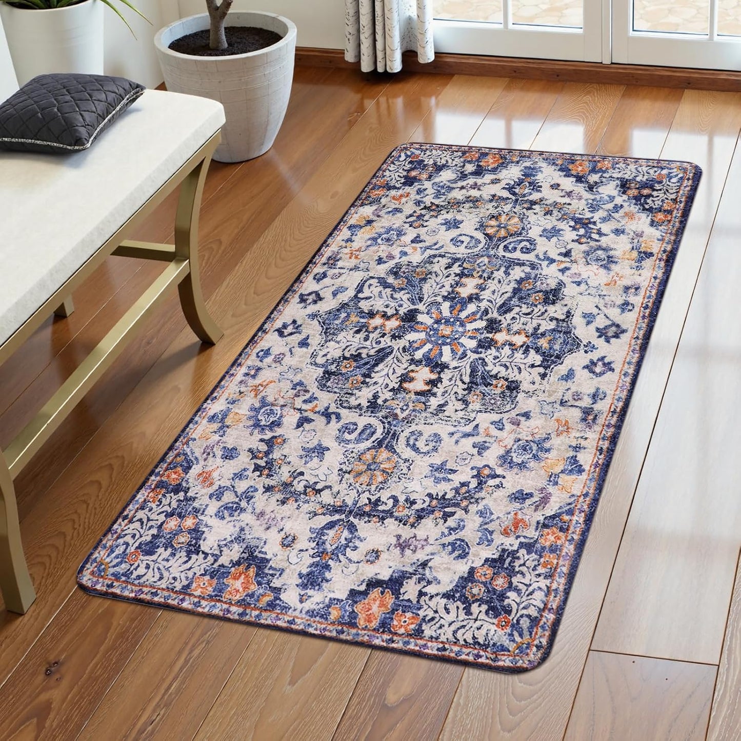 Lahome Bohemian Floral Medallion Runner Rug - 2x4 Blue Soft Bathroom Rug Runner Entry Way Mat, Washable Non Skid Laundry Room Carpet Runners for Living Room Dining Room Kitchen Entrance