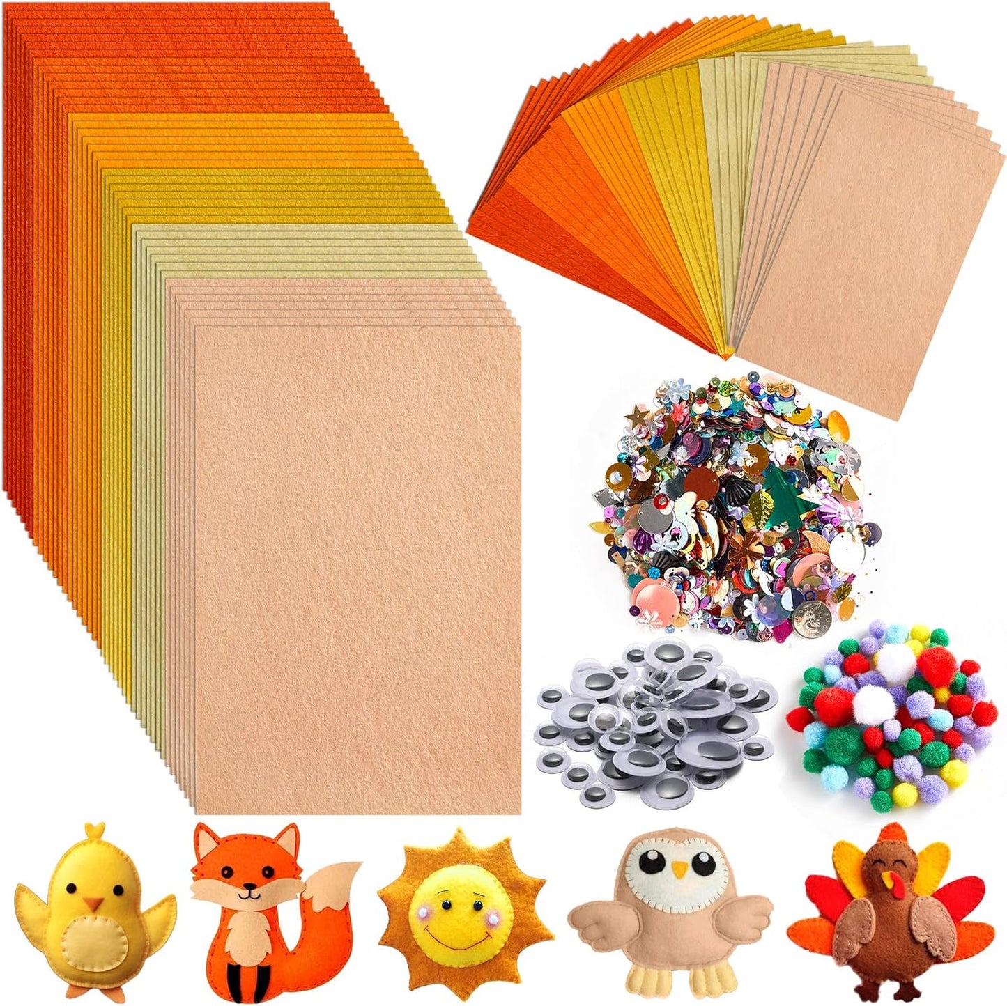 42Pcs Fall Felt Fabric Sheets 8 x 12 Inch Thanksgiving Yellow Orange Assorted Soft Thick Felt Pack with Wiggle Google Eyes Pom Poms Glitter Patchwork for Autumn DlY Sewing Creative Art Project Decor