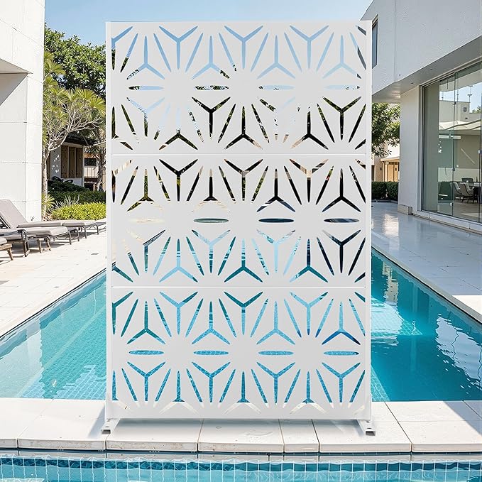 Metal Privacy Screen for Outdoor & Indoor Use, Free Standing Privacy Screen for Patio Garden Pool, 72" H x 47" W Decoative Privacy Panels, Weather Resistant, Easy Assembly (White Star)