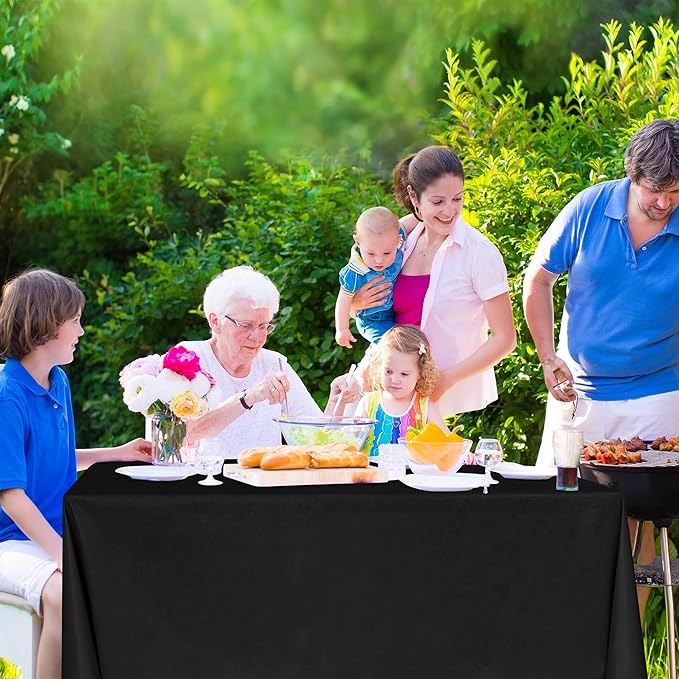 Nasitos 2 Pack Plastic Black Table Cloth Rectangular 60x120 Inch-Vinyl Plastic Tablecloth 8Ft Flannel Backed, Spill & Waterproof Table Cover for Dining Buffet, Wedding Decoration, Family Reunion
