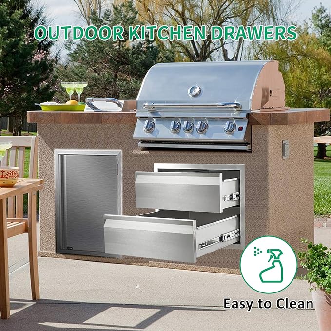 Outdoor Kitchen Drawers 18" W x 15" H x 23" D Stainless Steel Double Drawers with Hidden Handle for BBQ Island, Patio Grill Station & Outdoor Kitchen Cabinets