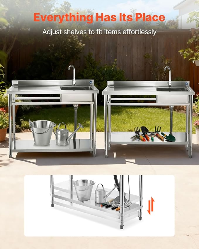 VEVOR Stainless Steel Utility Sink, Free Standing Single Bowl Commercial Kitchen Sink with Faucet, Utility Left Basin Workbench with Hot & Cold Water Pipe for Garage Restaurant Laundry, 47x19.7x37 in