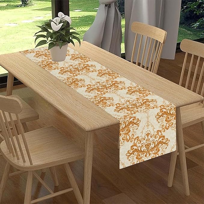 Damask Table Runner, Rustic Gold Gothic Boho Floral Flower Baroque Style Antique Vintage Retro Coffee Table Center Decor for Kitchen and Dining Outdoor Home Country Party Table Decorations, 13"x108"