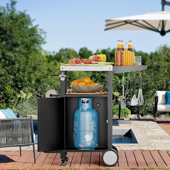 ROOMTEC Outdoor Grill Cart with Storage,Movable Modular BBQ Cart,Waterproof Patio Kitchen Island with Hooks and Spice Rack,Bar Patio Kitchen Island Prep Stand Cabinet with Cover