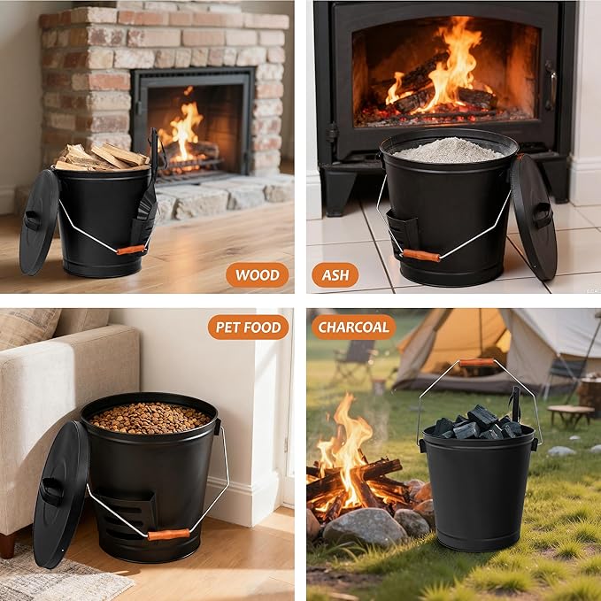 JupiterForce Ash Bucket with Lid and Shovel, 5.15 Gallon Large Galvanized Metal Hot Coal Wood Ash Carrier Pail for Fireplace, Fire Pits, Wood Burning Stoves, Grill, Outdoor Camping, Black