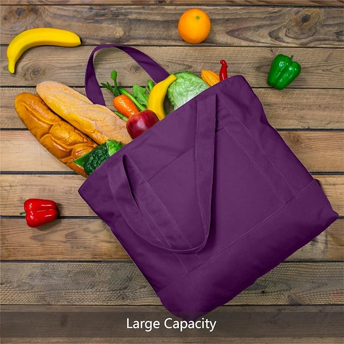 TOPDesign 6-Pack Canvas Tote Bags with an External Pocket, Reusable Grocery Shopping Bags, Top Zipper Closure, Daily Essentials (Purple)