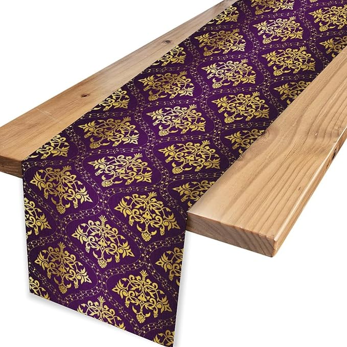Vintage Table Runner, Retro Antique Gothic Purple Damask Floral Flower Pattern Classic Boho Coffee Table Center Decor for Kitchen and Dining Outdoor Home Country Party Table Decorations, 13"x72"