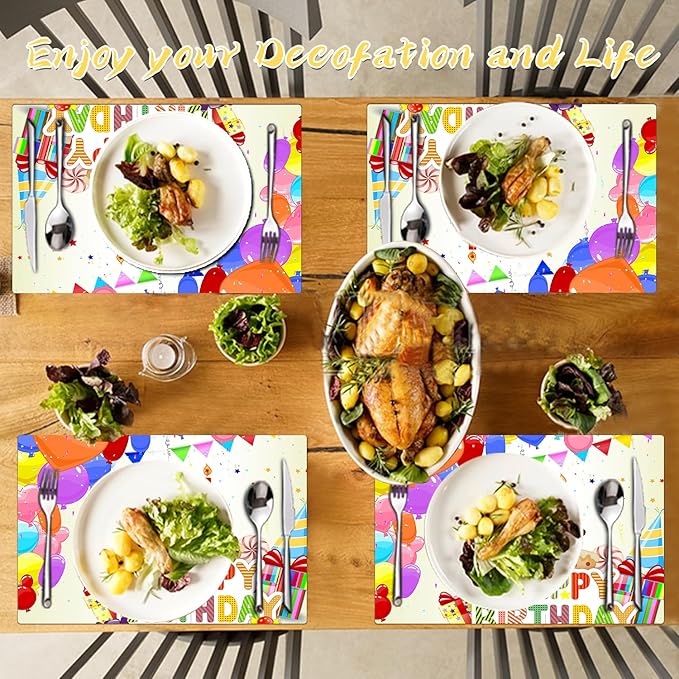 Birthday Placemats Set of 4 - Faux Leather Heat Resistant Placemats for Dinner Table, Non-Slip Waterproof Oil-Proof Washable Reusable Placemat for Indoor Outdoor Kitchen Decor, 15.75In*11.81In