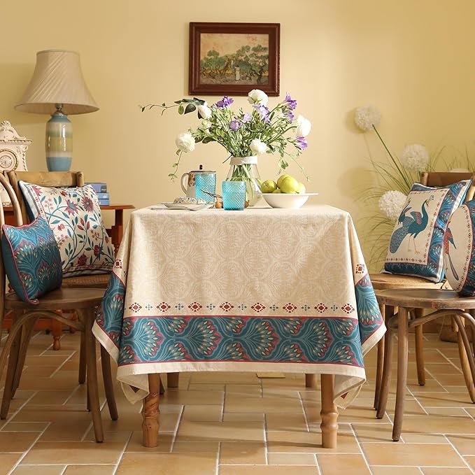 Vintage Beige Linen Rectangle Tablecloth,Paisley Farmhouse Feather Floral Pattern Table Cloth,Decor Table Cover for Kitchen,Dining,Thanksgiving,Christmas,55"*79"-Dorodango F