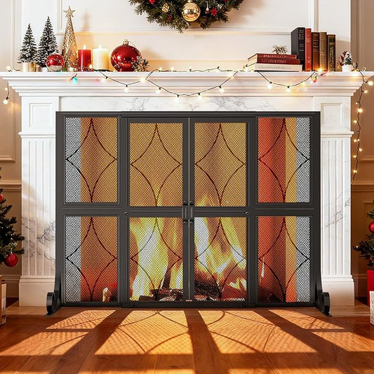 Fireplace Screen with Sliding Doors, 37.8" W x 30.7" H Modern Wrought Iron Spark Guard Cover for Christmas Decorative, Baby and Pet Proof, Large