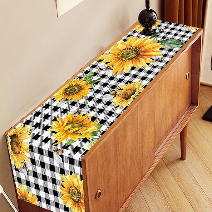 Sunflower Table Runner, Baffalo Plaid Summer Fall Yellow Florals Rustic Farmhouse Country Bumble Bee Coffee Table Center Decor for Home Kitchen Dining Patio Indoor Outdoor Decorations, 13"x90" Inch