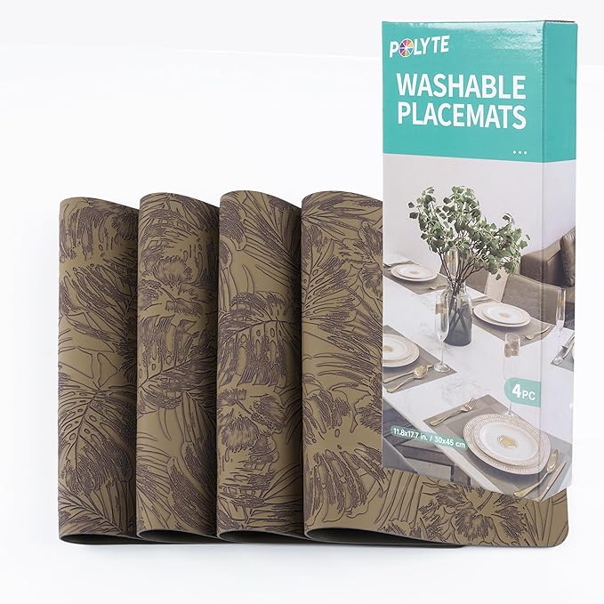 POLYTE Indoor/Outdoor Washable Embossed Vinyl Faux Leather Table Dining Placemats, Set of 4