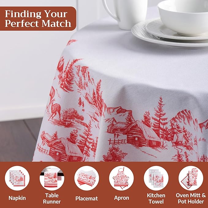 Maison d' Hermine Table Cloth Round Table 100% Cotton 63 Inches Fall Tablecloth Reusable Everyday Use for Thanksgiving Christmas Decorations Dining Farmhouse Party (Winter Jouy)