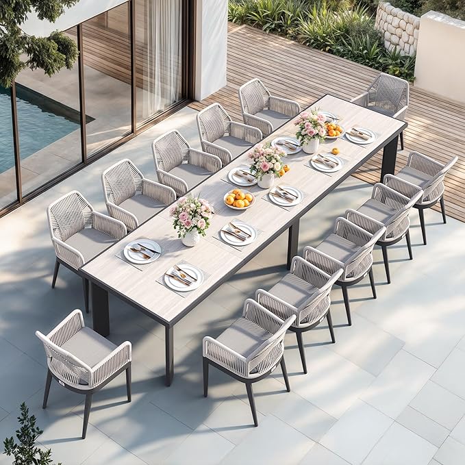 PURPLE LEAF 13 Pieces Patio Dining Set Aluminum Modern Rectangular Table and Rattan Arm Chairs with Cushions for Kitchen Porch Garden Outdoor Furniture Sets, Beige and Dark Grey