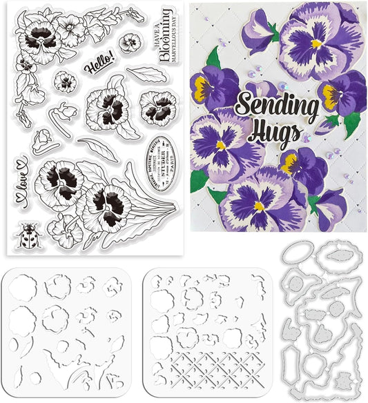 ORIGACH Realistic Pansy Stamps and Dies and Layering Coloring Stencil Set, Silicone Stamps Metal Die Cut and Flower Stencil Template for Card Making Scrapbooking DIY Crafting